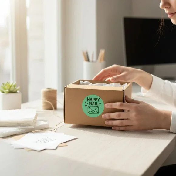 200 Happy Mail Stickers Green & Yellow Bundle 2” Round Matte - Picture 6 of 8